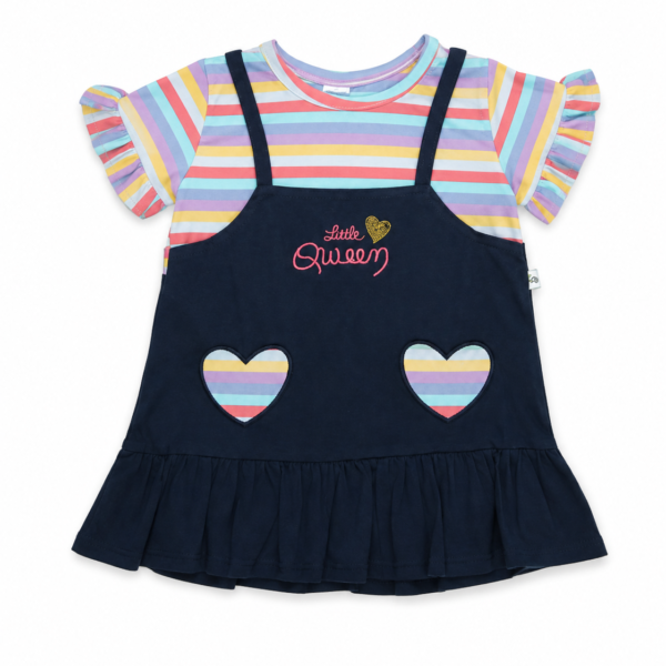 Girls multicolour striped Little Queen dress with navy pinafore