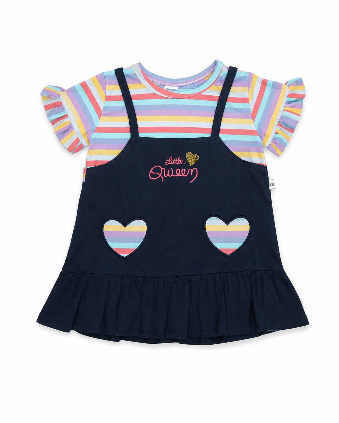 Girls multicolour striped Little Queen dress with navy pinafore