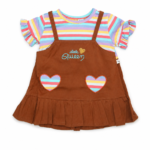 Girls multicolour striped dress with rust brown pinafore