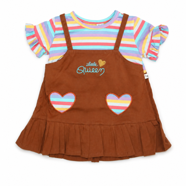 Girls multicolour striped dress with rust brown pinafore
