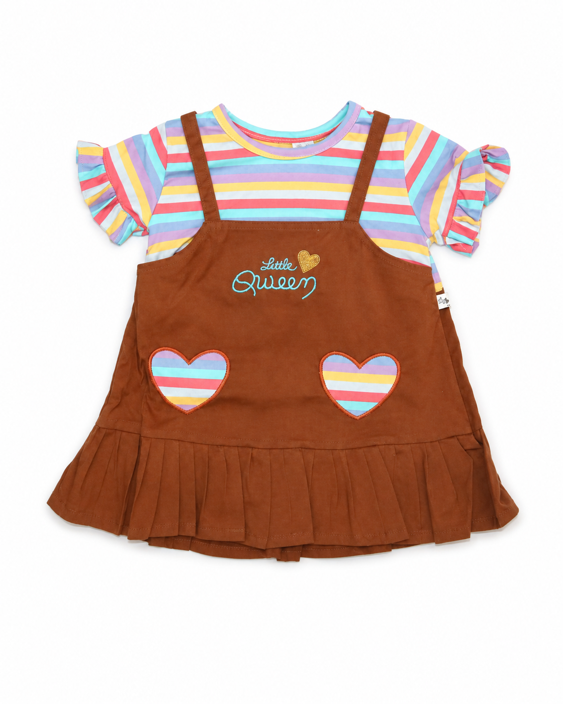 Girls multicolour striped dress with rust brown pinafore