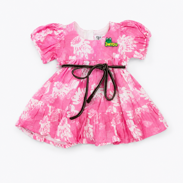 Girls pink floral tiered party frock with black waist tie