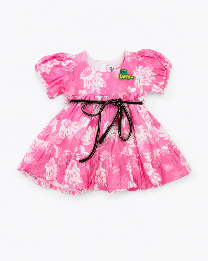 Girls pink floral tiered party frock with black waist tie