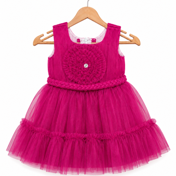 Magenta floral detail tulle party frock for baby girls 0-6 months