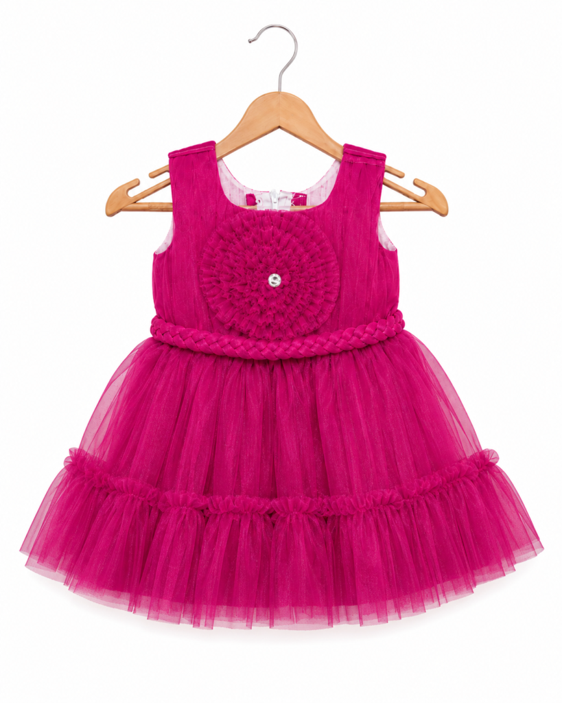 Magenta floral detail tulle party frock for baby girls 0-6 months