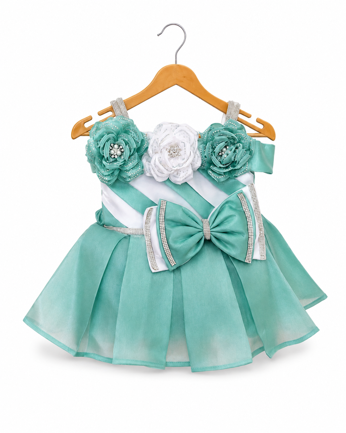 Mint green floral bow party frock for baby girls 0-6 months