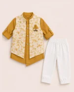Mustard floral waistcoat shirt and white pant set for 1 year old boy