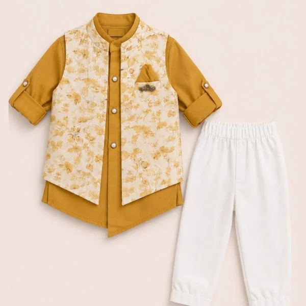 Mustard floral waistcoat shirt and white pant set for 1 year old boy