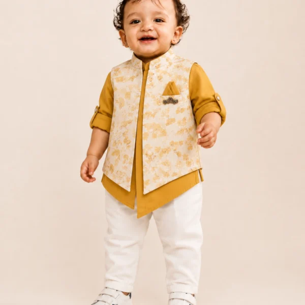 Mustard floral waistcoat shirt and white pant set for 1 year old boy