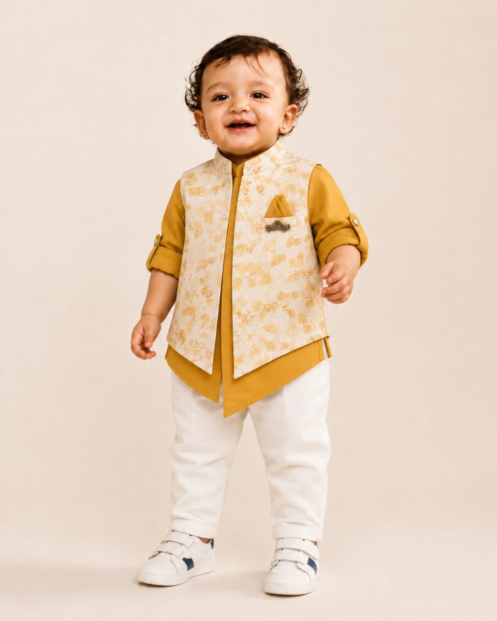 Mustard floral waistcoat shirt and white pant set for 1 year old boy