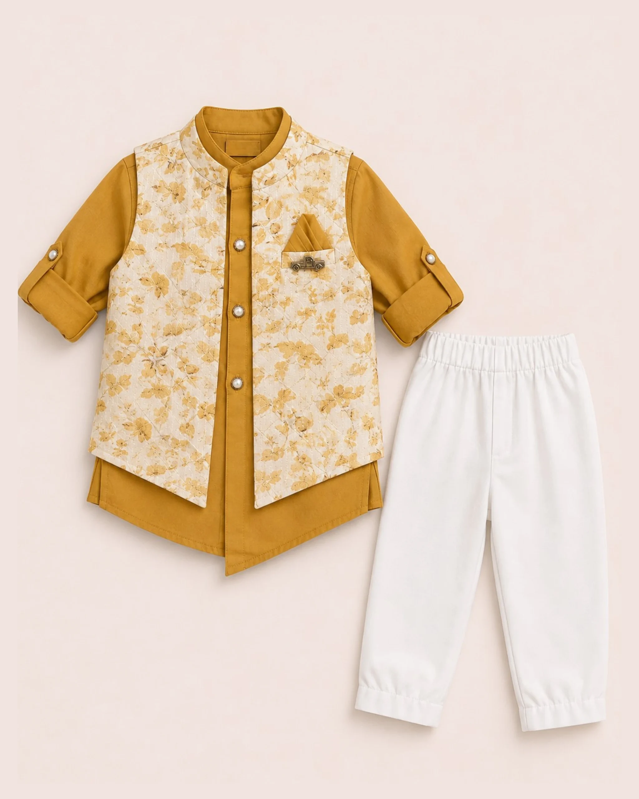 Mustard floral waistcoat shirt and white pant set for 1 year old boy
