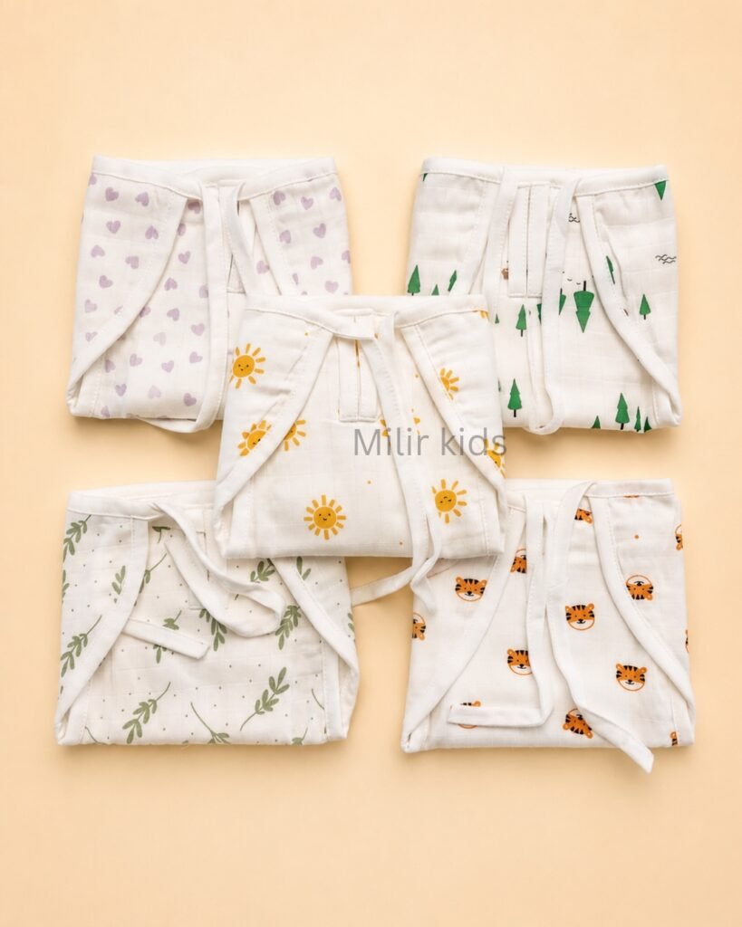 Premium assorted padded muslin nappies for newborn babies made from soft breathable cotton. Reusable cloth nappies for daily use.