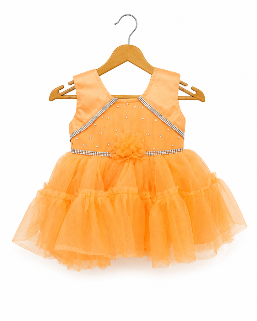 Peach orange embellished tulle party frock for baby girls 0-6 months