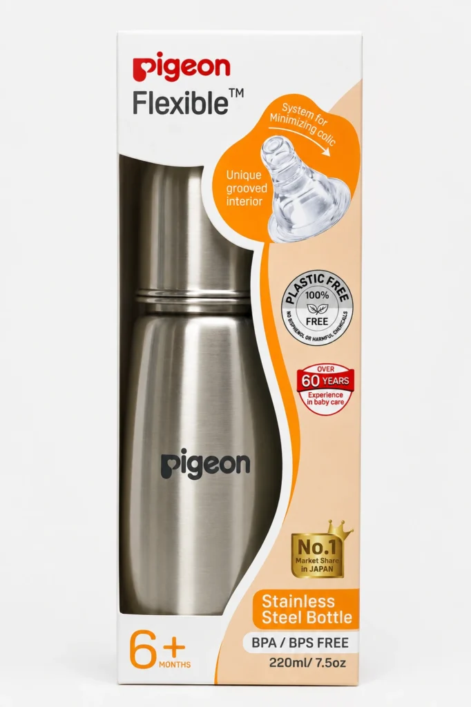 Pigeon Flexible 220ml stainless steel baby bottle for 6+ months