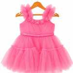 Pink bow shoulder tulle party frock for baby girls 0-6 months