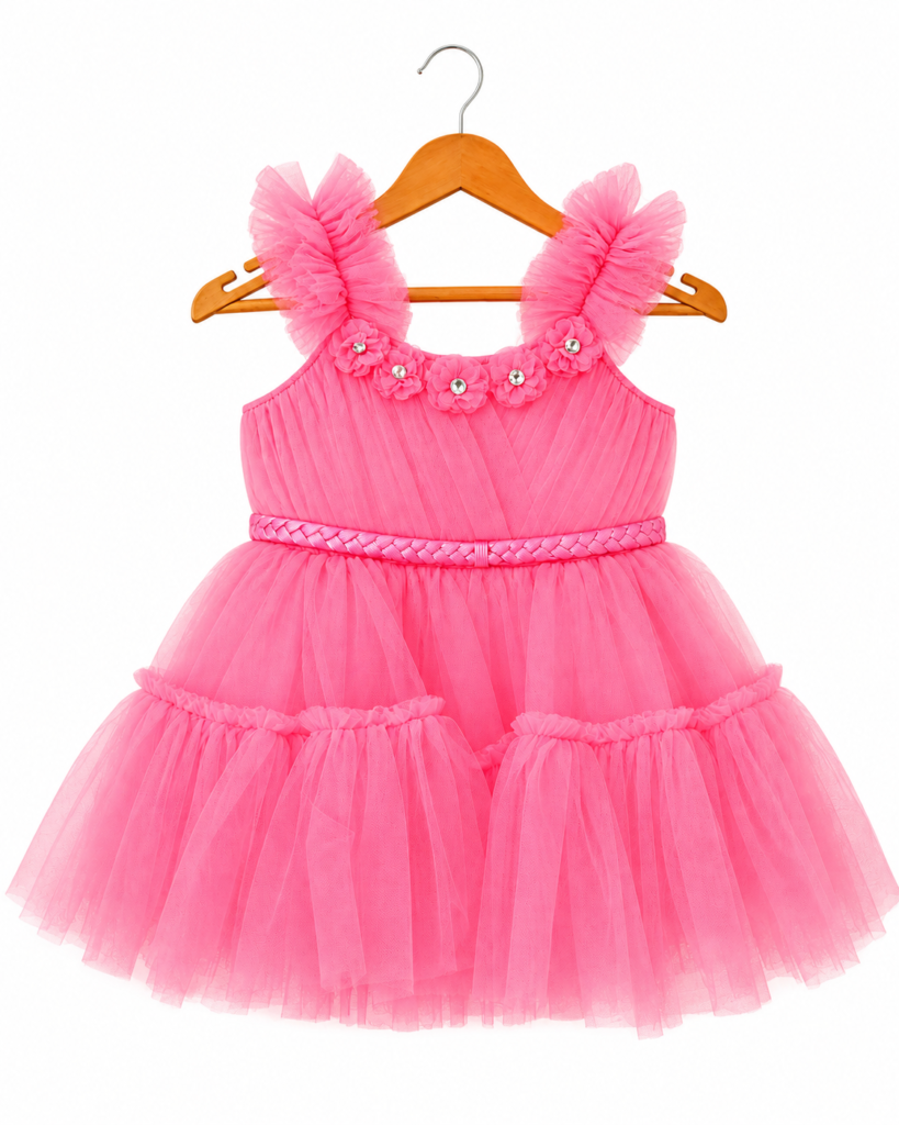 Pink bow shoulder tulle party frock for baby girls 0-6 months