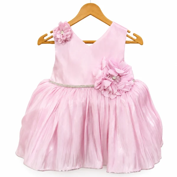 Pink floral party frock with flared skirt for baby girls