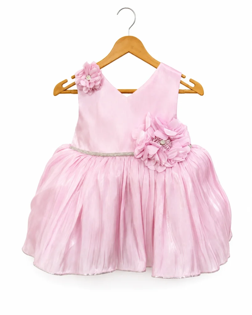 Pink floral party frock with flared skirt for baby girls