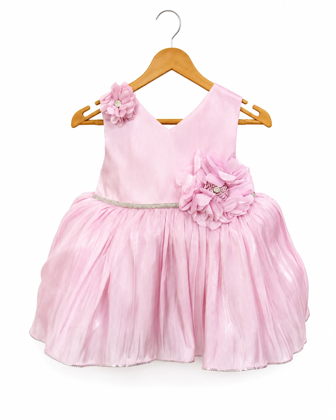 Pink floral party frock with flared skirt for baby girls