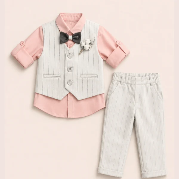 Pink shirt grey striped white waistcoat and trouser set for 1 year old boy