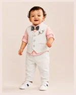 Pink shirt grey striped white waistcoat and trouser set for 1 year old boy