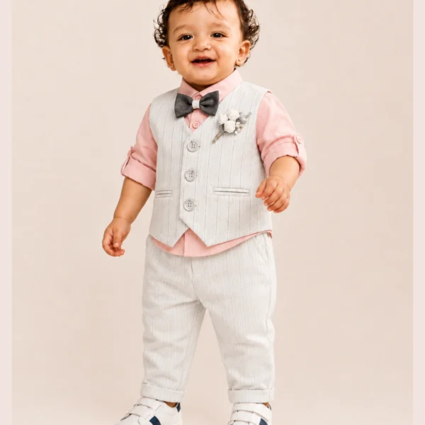 Pink shirt grey striped white waistcoat and trouser set for 1 year old boy