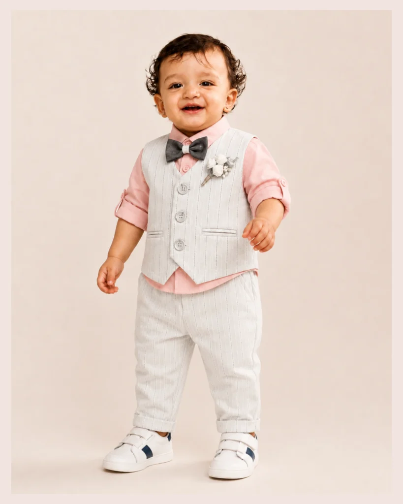 Pink shirt grey striped white waistcoat and trouser set for 1 year old boy