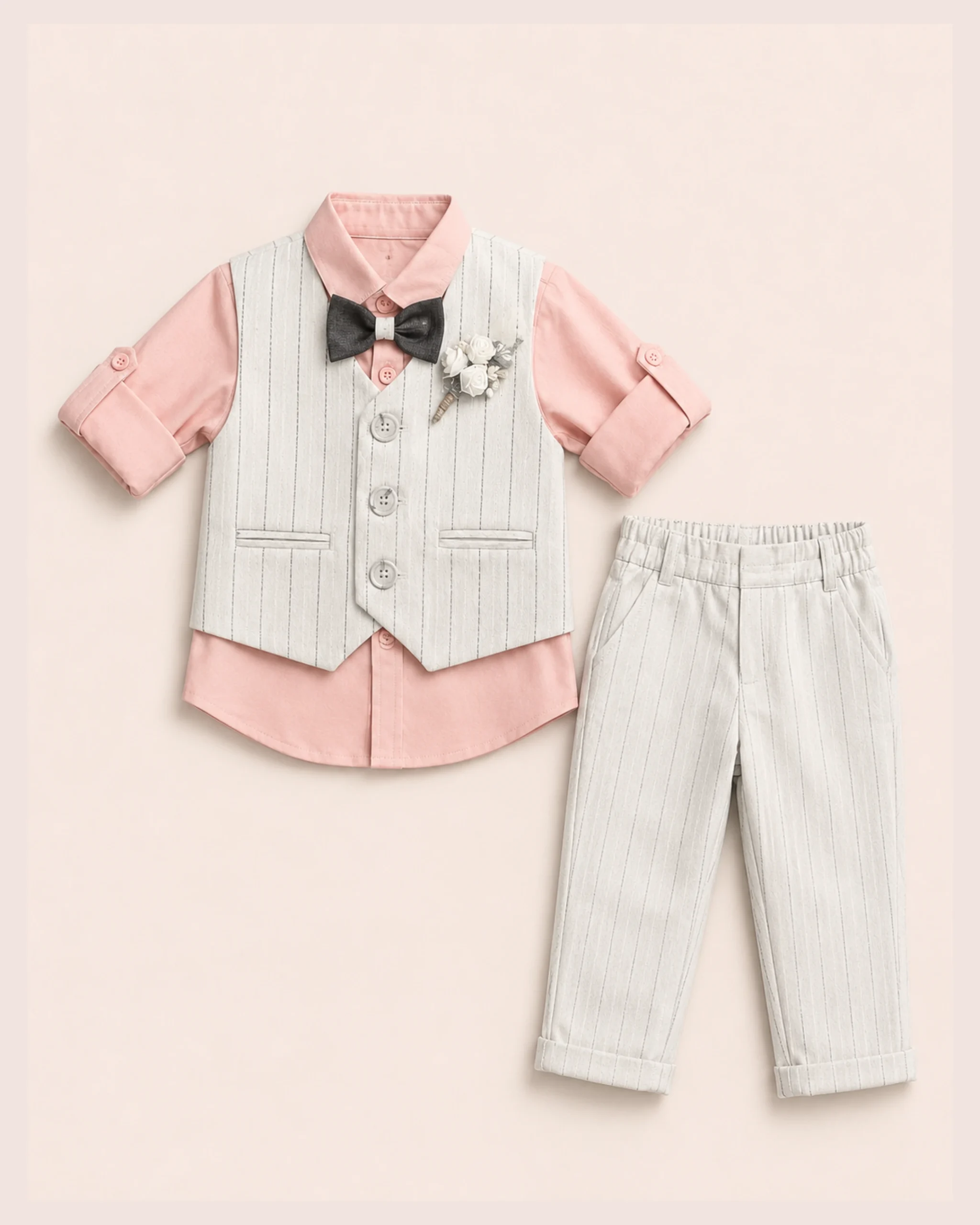 Pink shirt grey striped white waistcoat and trouser set for 1 year old boy