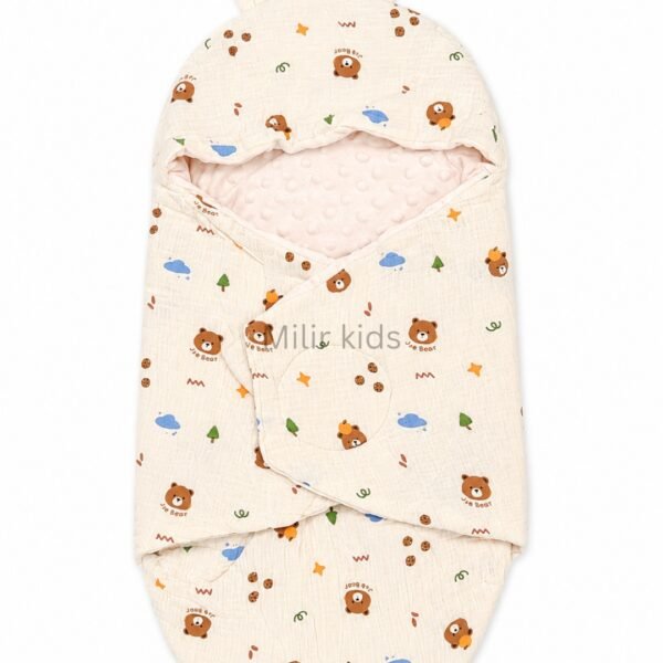 Premium muslin baby wrapper with hood made from ultra-soft breathable muslin fabric for newborn babies.