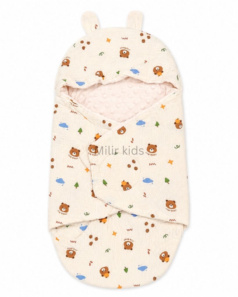 Premium muslin baby wrapper with hood made from ultra-soft breathable muslin fabric for newborn babies.