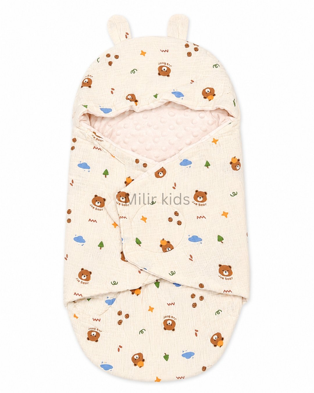 premium-muslin-baby-wrapper-bear-rainbow-print Premium muslin baby wrapper with hood made from ultra-soft breathable muslin fabric for newborn babies.