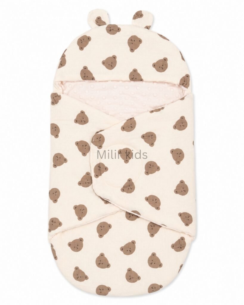 Premium muslin baby wrapper with hood made from ultra-soft breathable muslin fabric for newborn babies.