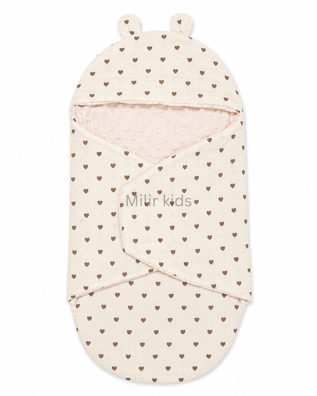 premium-muslin-baby-wrapper-brown-heart-print Premium muslin baby wrapper with hood made from ultra-soft breathable muslin fabric for newborn babies.