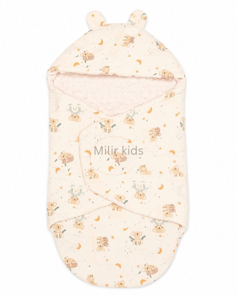 Premium muslin baby wrapper with hood made from ultra-soft breathable muslin fabric for newborn babies.