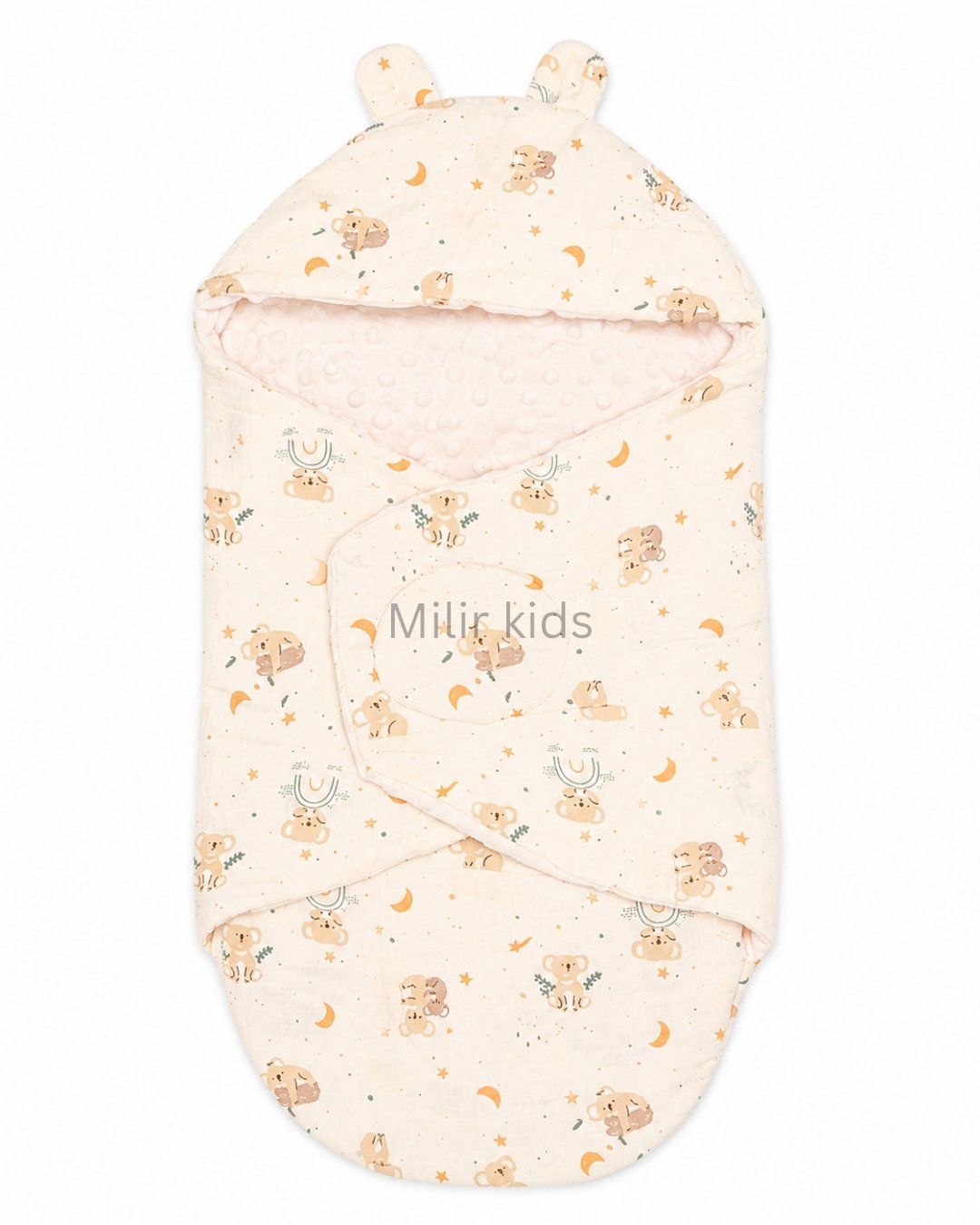 premium-muslin-baby-wrapper-cute-teddy-print Premium muslin baby wrapper with hood made from ultra-soft breathable muslin fabric for newborn babies.