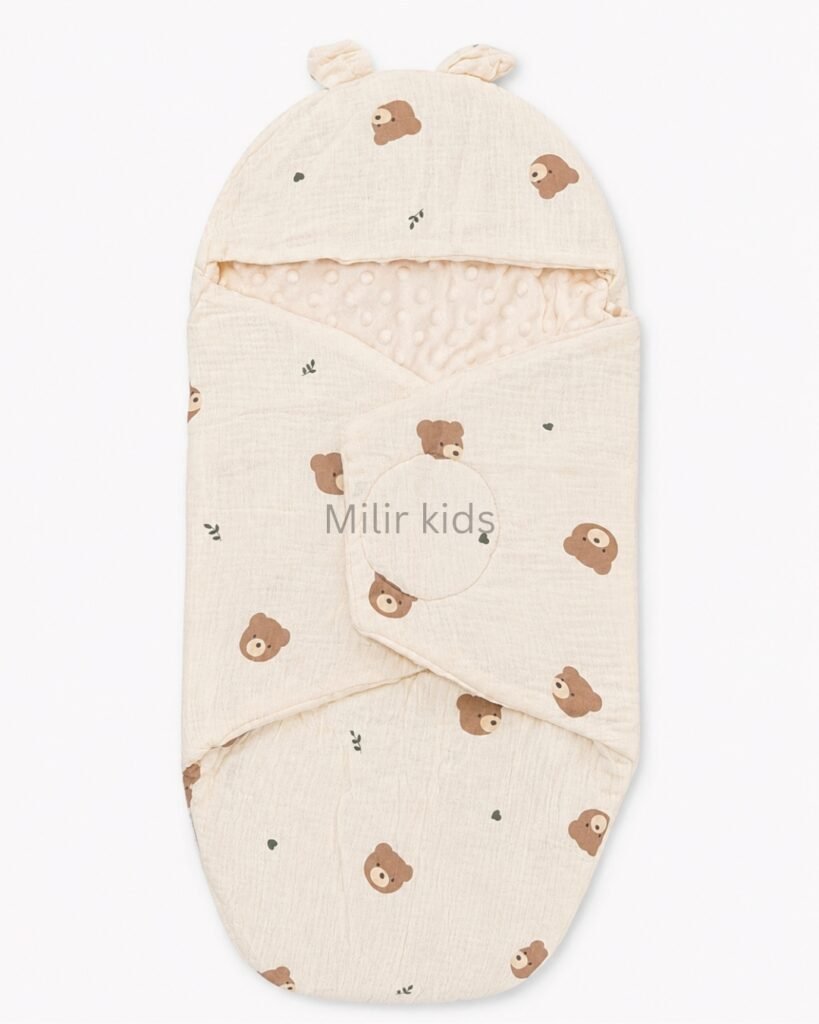 Premium muslin baby wrapper with hood made from ultra-soft breathable muslin fabric for newborn babies.