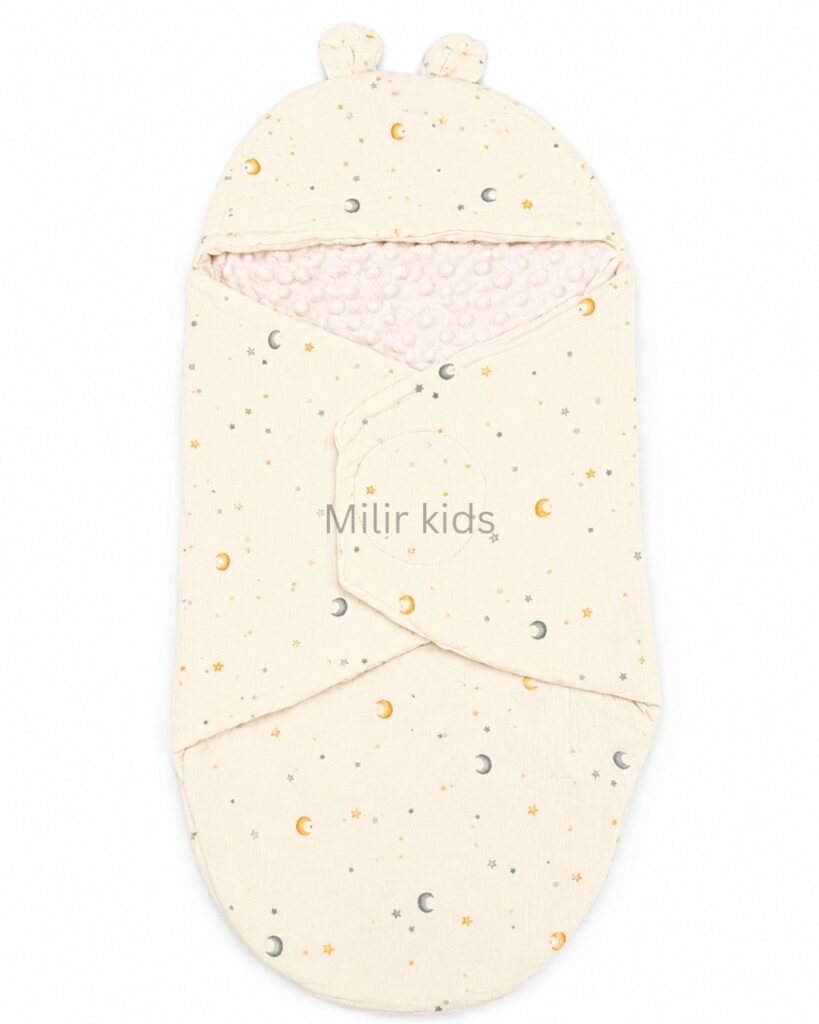 Premium muslin baby wrapper with hood made from ultra-soft breathable muslin fabric for newborn babies.
