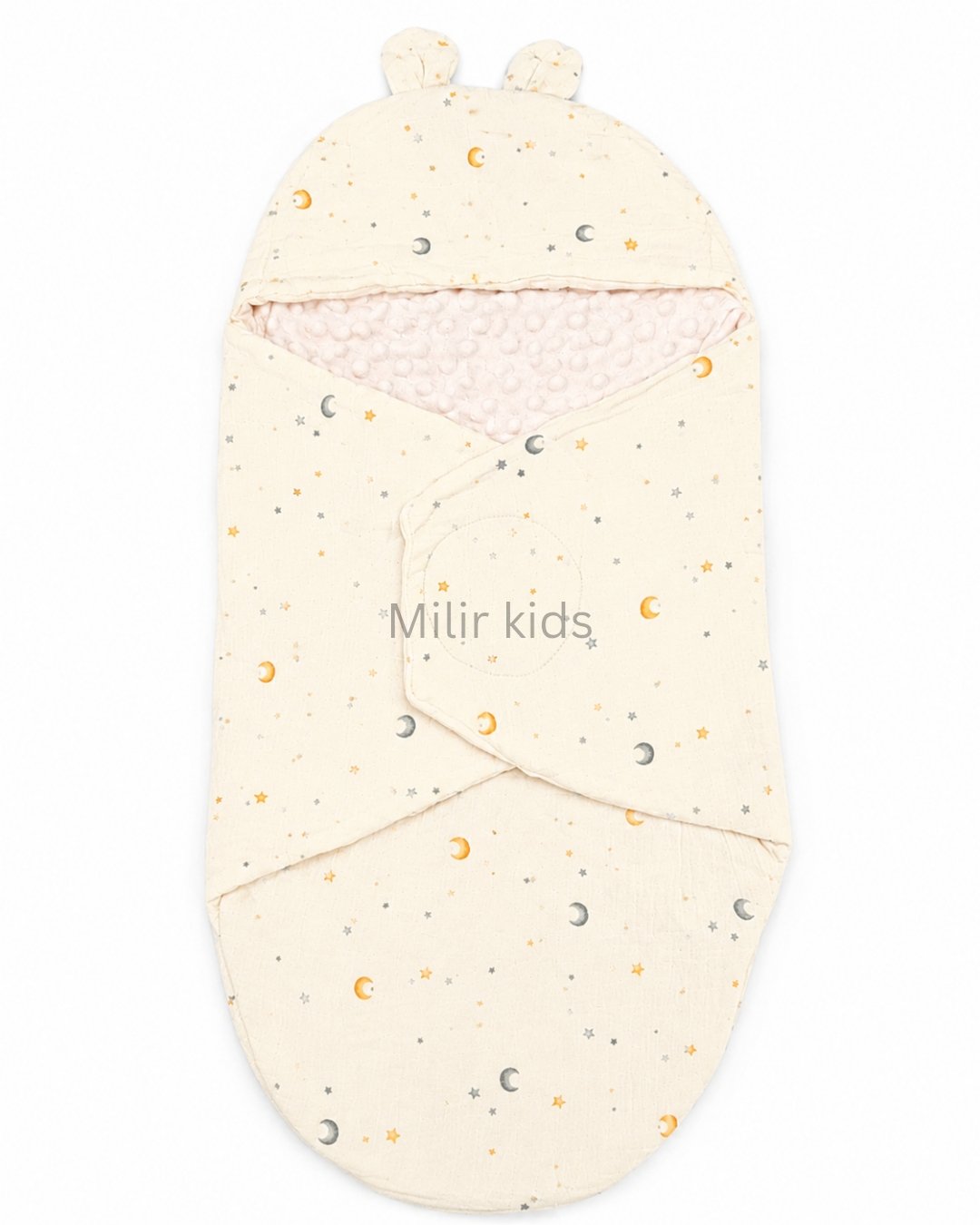premium-muslin-baby-wrapper-moon-star-print Premium muslin baby wrapper with hood made from ultra-soft breathable muslin fabric for newborn babies.