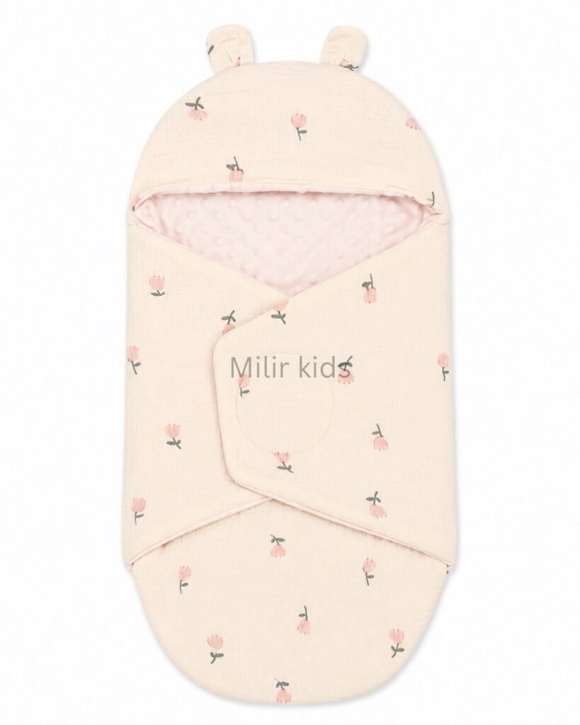 Premium muslin baby wrapper with hood made from ultra-soft breathable muslin fabric for newborn babies.