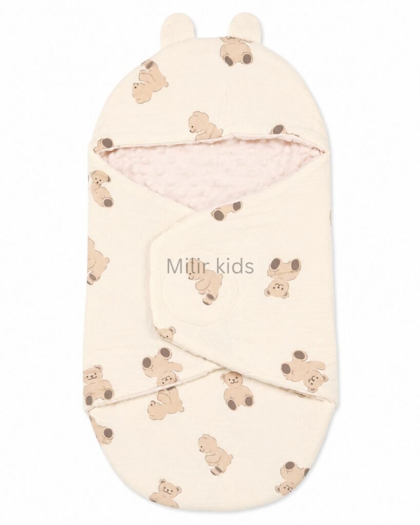 Premium muslin baby wrapper with hood made from ultra-soft breathable muslin fabric for newborn babies.