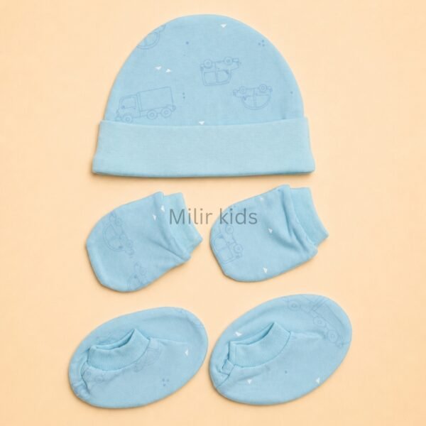 Premium soft cotton newborn cap, mittens and booties set for baby boys and girls. Gentle on delicate newborn skin and ideal for everyday wear.