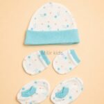 Premium soft cotton newborn cap, mittens and booties set for baby boys and girls. Gentle on delicate newborn skin and ideal for everyday wear.