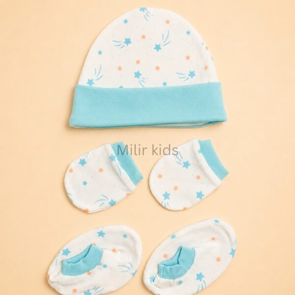 Premium soft cotton newborn cap, mittens and booties set for baby boys and girls. Gentle on delicate newborn skin and ideal for everyday wear.