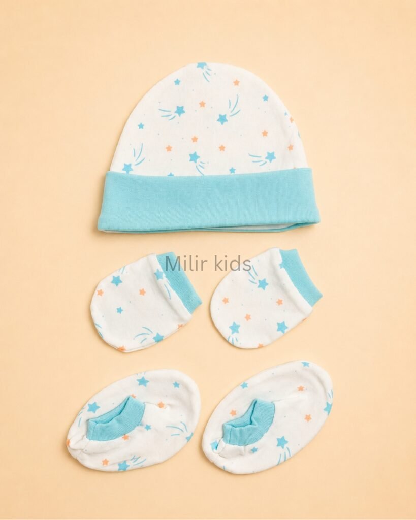 Premium soft cotton newborn cap, mittens and booties set for baby boys and girls. Gentle on delicate newborn skin and ideal for everyday wear.