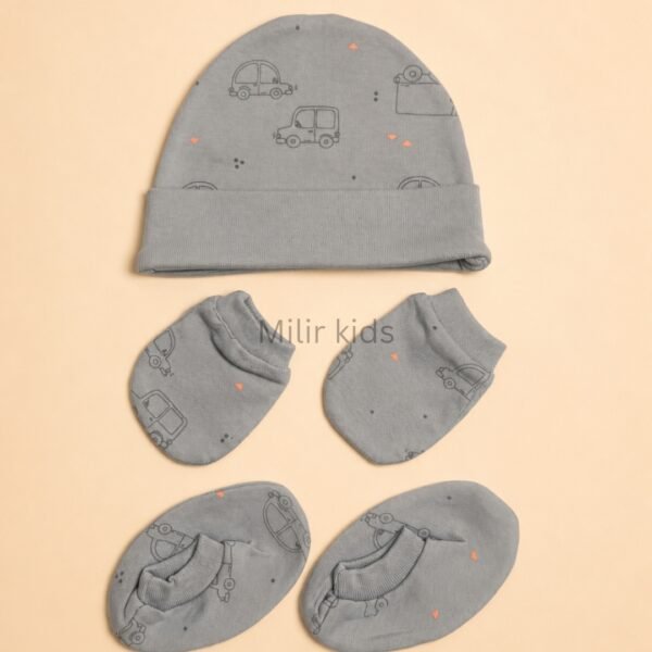 Premium soft cotton newborn cap, mittens and booties set for baby boys and girls. Gentle on delicate newborn skin and ideal for everyday wear.