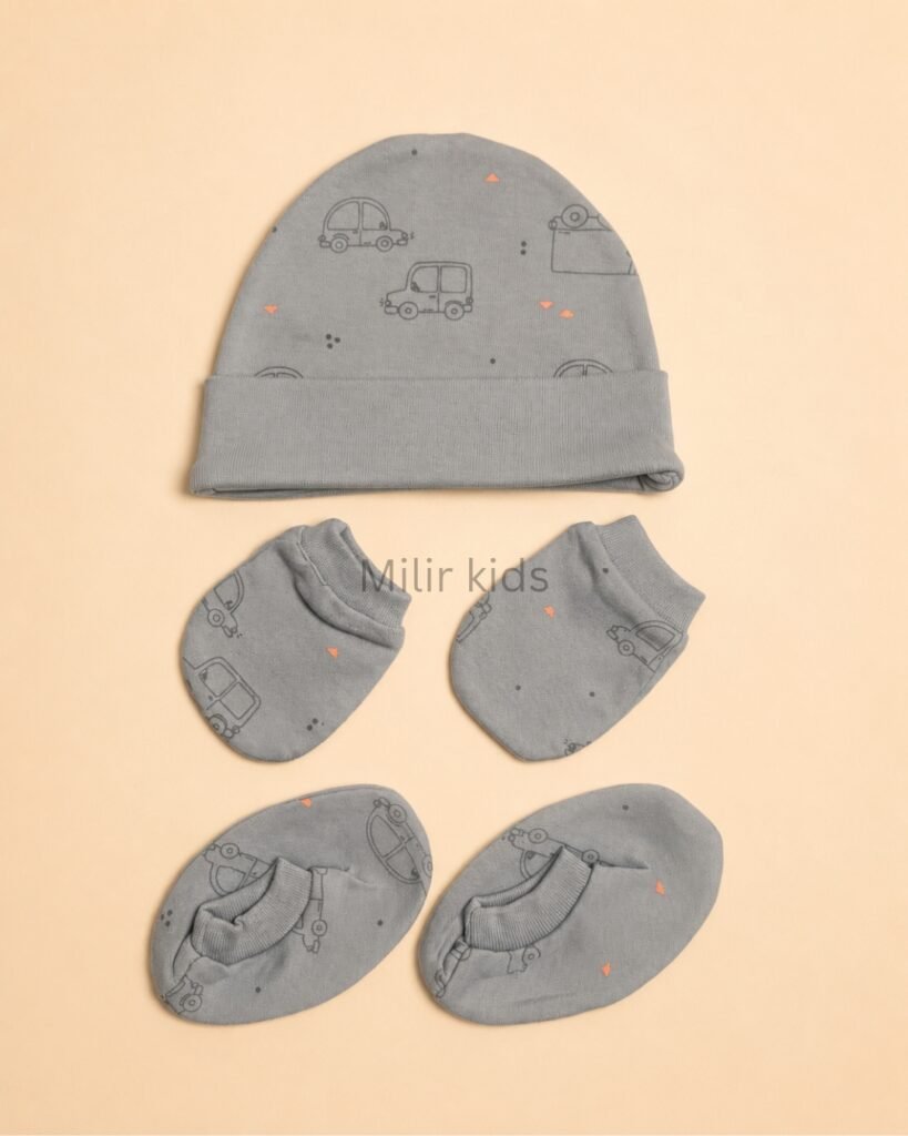Premium soft cotton newborn cap, mittens and booties set for baby boys and girls. Gentle on delicate newborn skin and ideal for everyday wear.