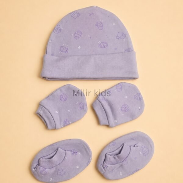 Premium soft cotton newborn cap, mittens and booties set for baby boys and girls. Gentle on delicate newborn skin and ideal for everyday wear.