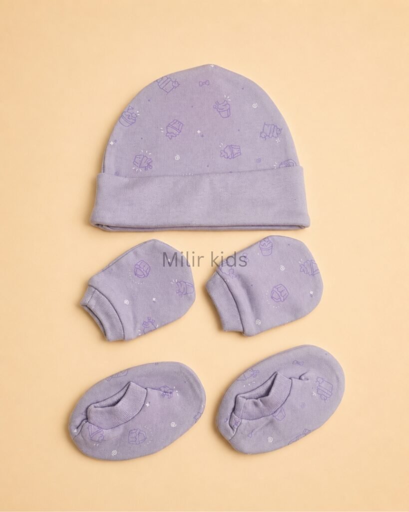 Premium soft cotton newborn cap, mittens and booties set for baby boys and girls. Gentle on delicate newborn skin and ideal for everyday wear.