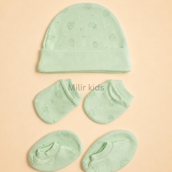 Premium soft cotton newborn cap, mittens and booties set for baby boys and girls. Gentle on delicate newborn skin and ideal for everyday wear.