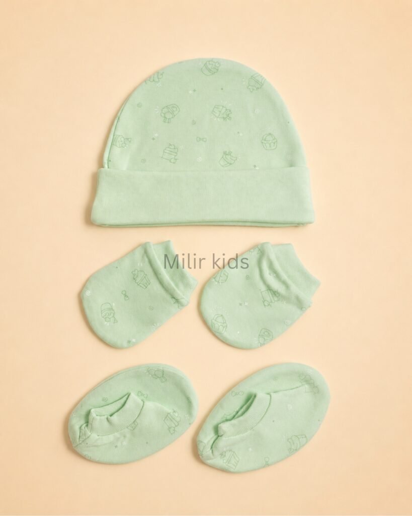 Premium soft cotton newborn cap, mittens and booties set for baby boys and girls. Gentle on delicate newborn skin and ideal for everyday wear.